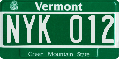 VT license plate NYK012