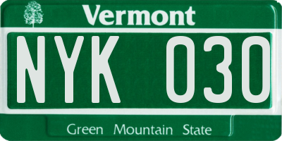 VT license plate NYK030