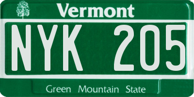 VT license plate NYK205