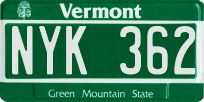 VT license plate NYK362