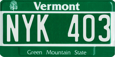 VT license plate NYK403