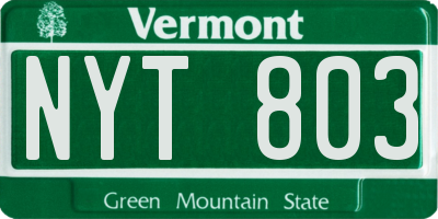 VT license plate NYT803