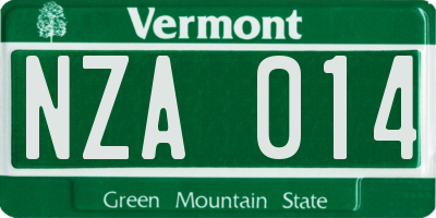 VT license plate NZA014