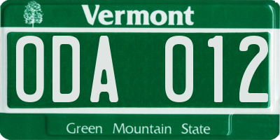 VT license plate ODA012
