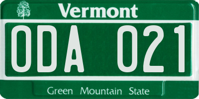 VT license plate ODA021