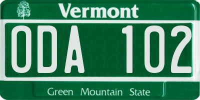 VT license plate ODA102