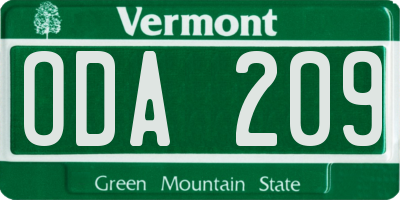 VT license plate ODA209