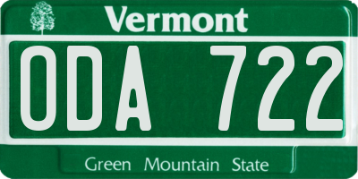 VT license plate ODA722