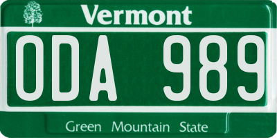 VT license plate ODA989