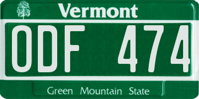 VT license plate ODF474