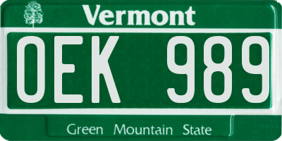 VT license plate OEK989