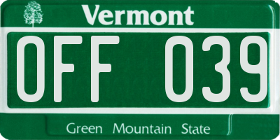 VT license plate OFF039