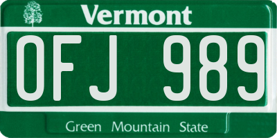 VT license plate OFJ989