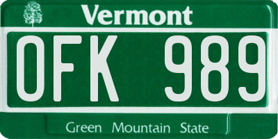 VT license plate OFK989