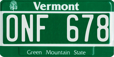 VT license plate ONF678