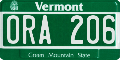 VT license plate ORA206