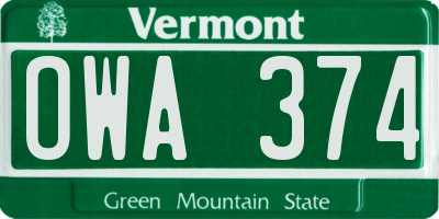 VT license plate OWA374
