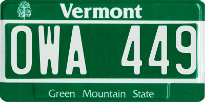 VT license plate OWA449