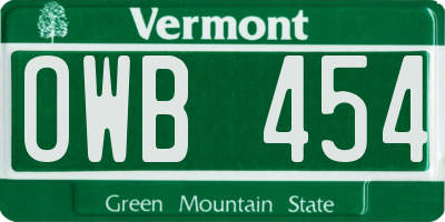 VT license plate OWB454