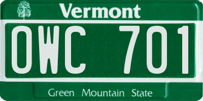 VT license plate OWC701