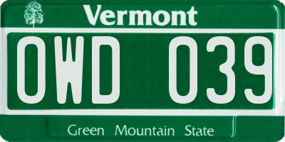 VT license plate OWD039
