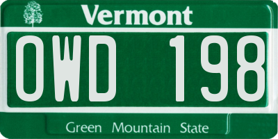 VT license plate OWD198