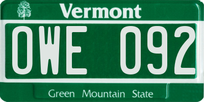 VT license plate OWE092