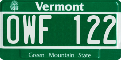 VT license plate OWF122