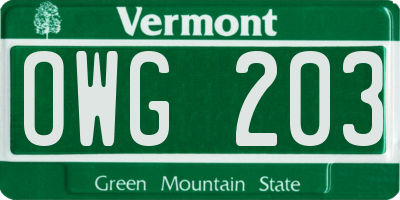 VT license plate OWG203