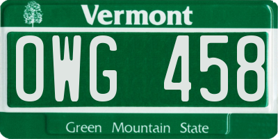 VT license plate OWG458