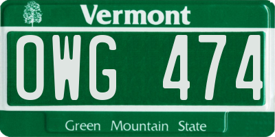 VT license plate OWG474