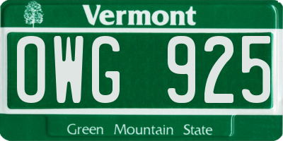 VT license plate OWG925