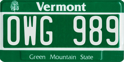 VT license plate OWG989