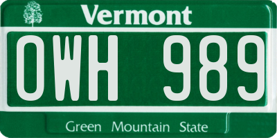 VT license plate OWH989