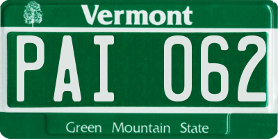 VT license plate PAI062