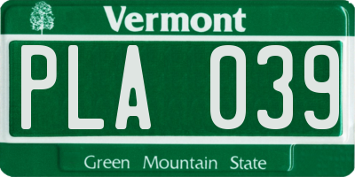 VT license plate PLA039