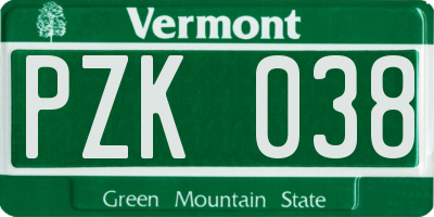 VT license plate PZK038