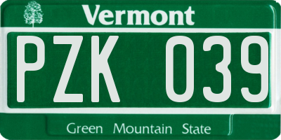 VT license plate PZK039
