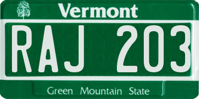 VT license plate RAJ203