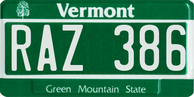 VT license plate RAZ386