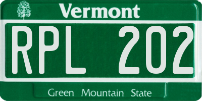 VT license plate RPL202