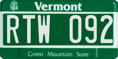 VT license plate RTW092