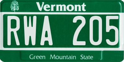 VT license plate RWA205
