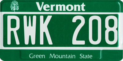 VT license plate RWK208