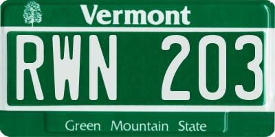 VT license plate RWN203