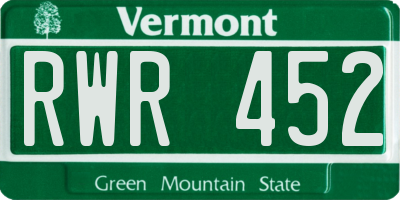 VT license plate RWR452