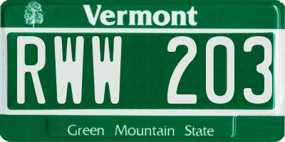 VT license plate RWW203