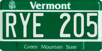 VT license plate RYE205