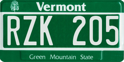 VT license plate RZK205
