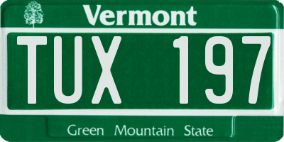 VT license plate TUX197